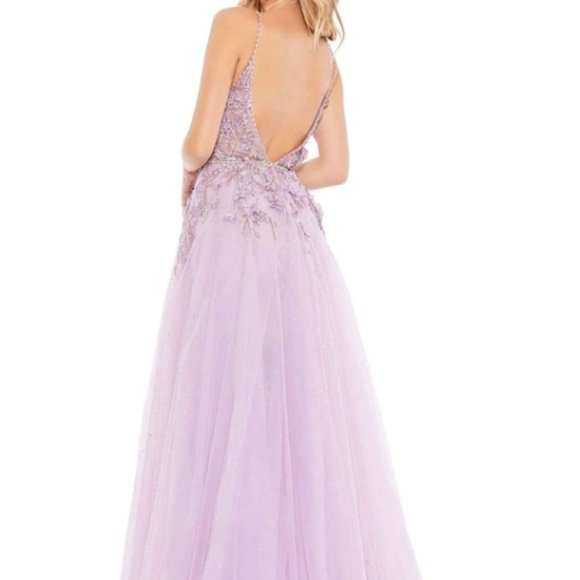 MAC DUGGAL 11207 EMBELLISHED FLORAL APPLIQUE HIGH LOW LILLAC GOWN sz 2 - Picture 2 of 7